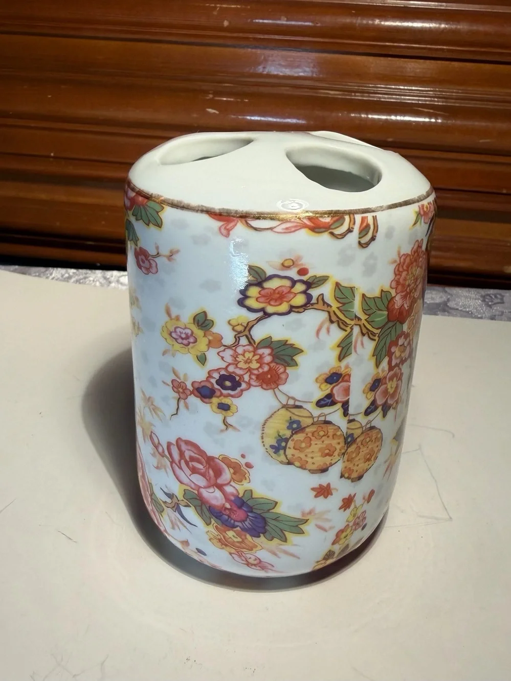 Vintage Formalities Toothbrush Holder Hand-painted Floral with Gold Accents